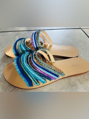 Embellished Multi-Blue Flat Sandals